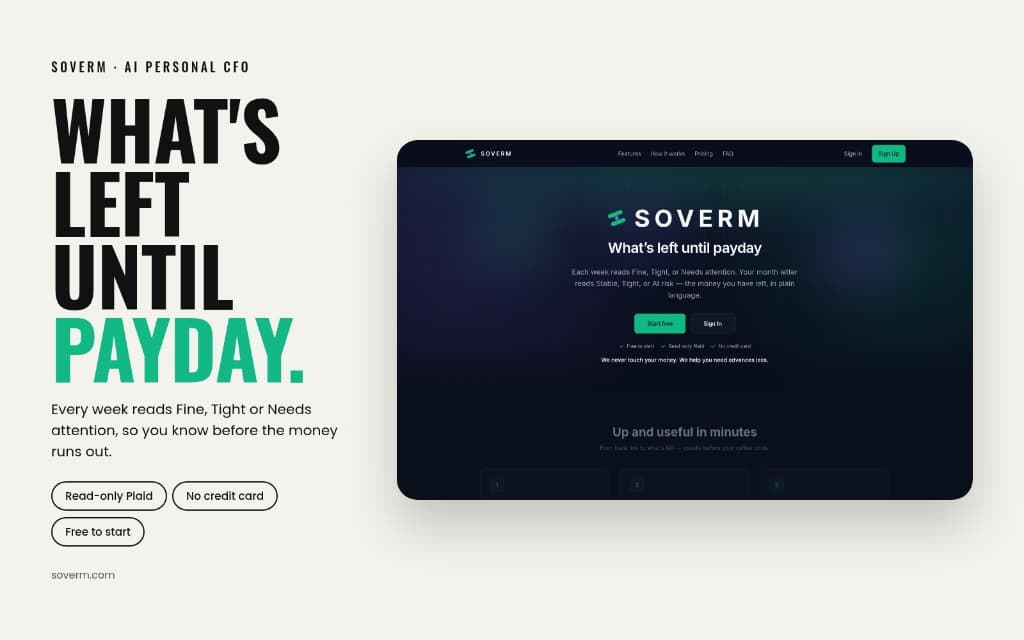 Soverm poster: What's left until payday, beside the product on a laptop