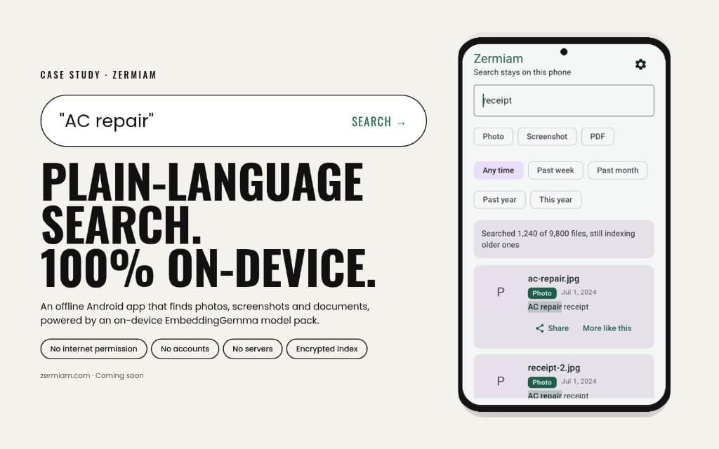 Zermiam poster: plain-language search, fully on-device, beside the app on a phone